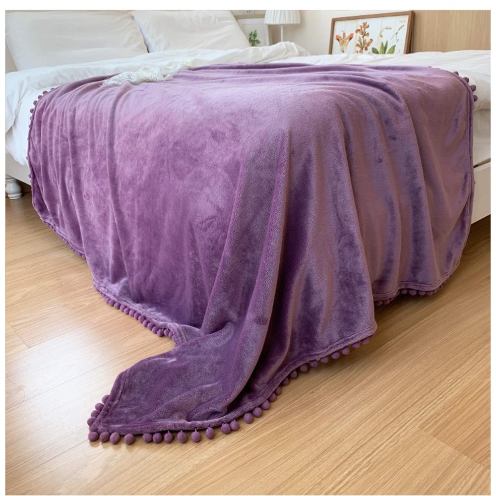 Purple Pompom Fringe Chic Cozy Soft Throw Blanket/Cover - Picture 5 of 16